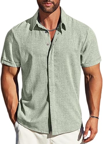 Men's Linen Shirts Short Sleeve Button Down Casual Shirt